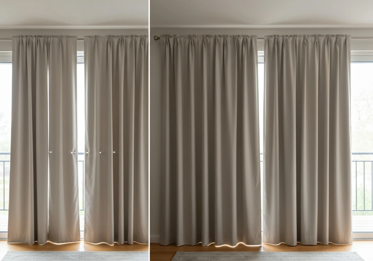 Two curtain setups on a patio door: narrow panels leave gaps, full panels overlap neatly when closed.