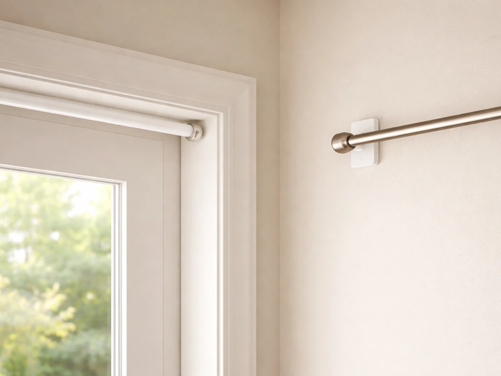 Patio door with a tension rod inside the frame and a wall adhesive bracket holding a curtain rod support.