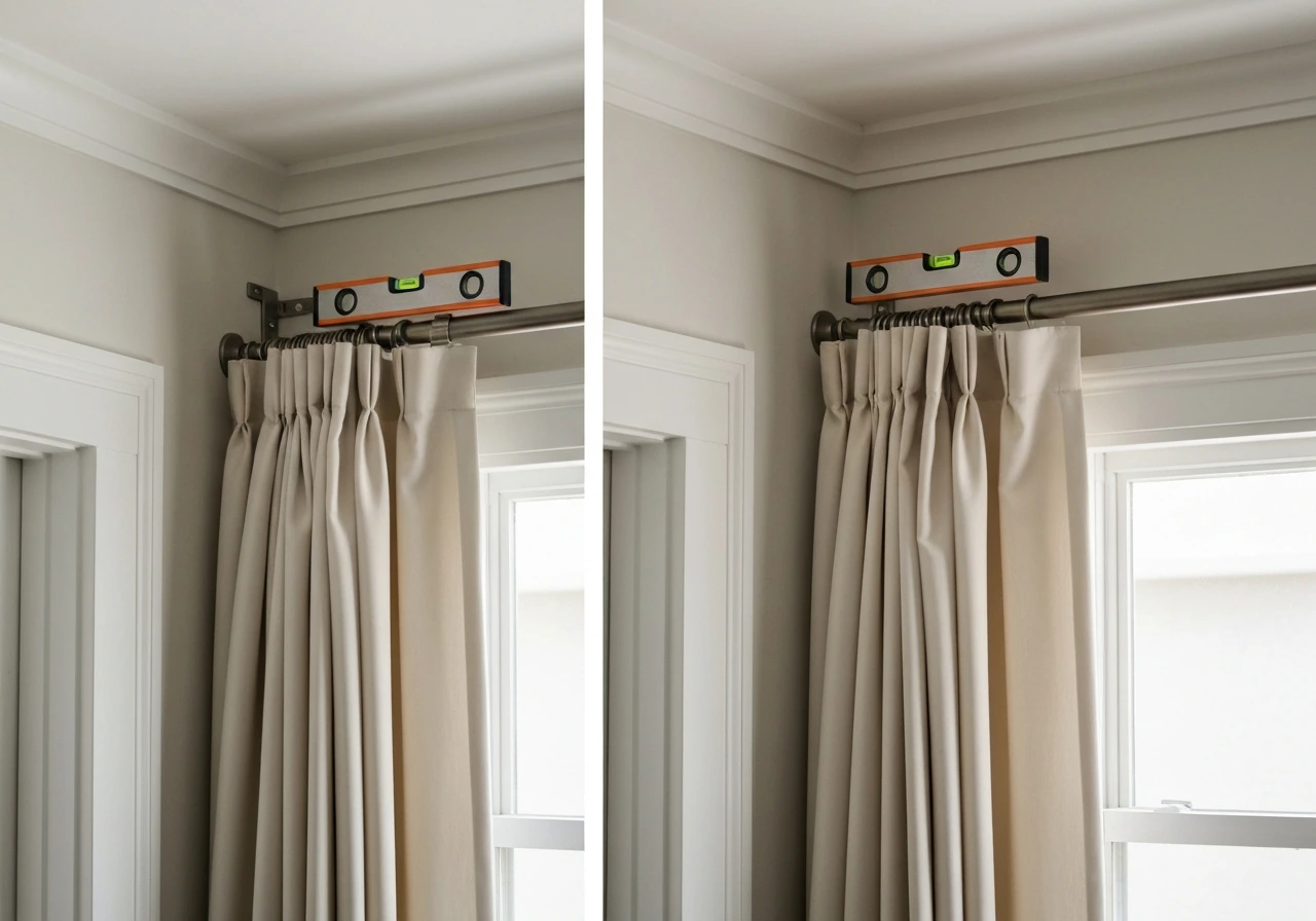 Spirit level on an installed curtain rod showing uneven curtains before and straighter fall after bracket adjustment