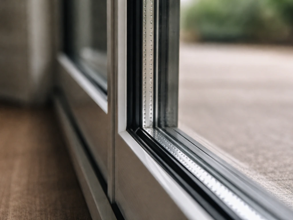 Side closeup of a patio door glass edge showing two panes with a spacer between them.