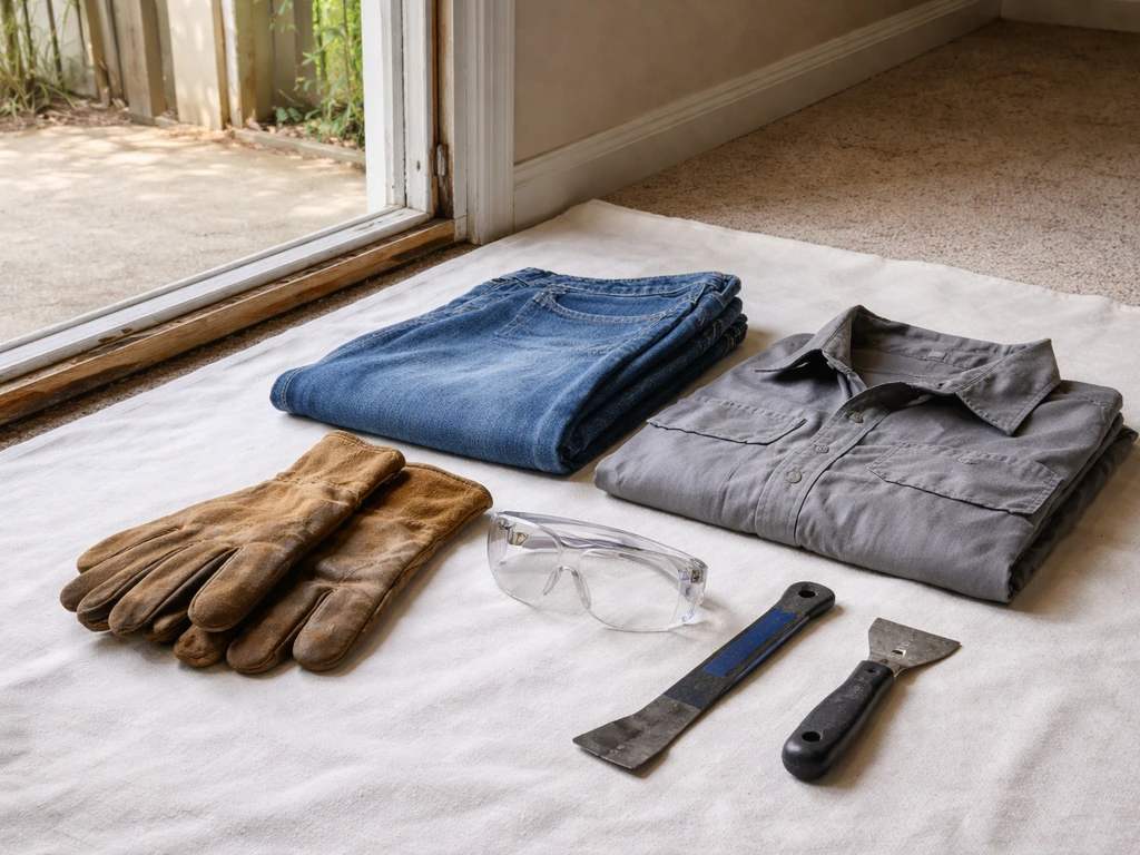 Leather gloves and safety goggles laid out beside a door frame with glass-replacement tools.