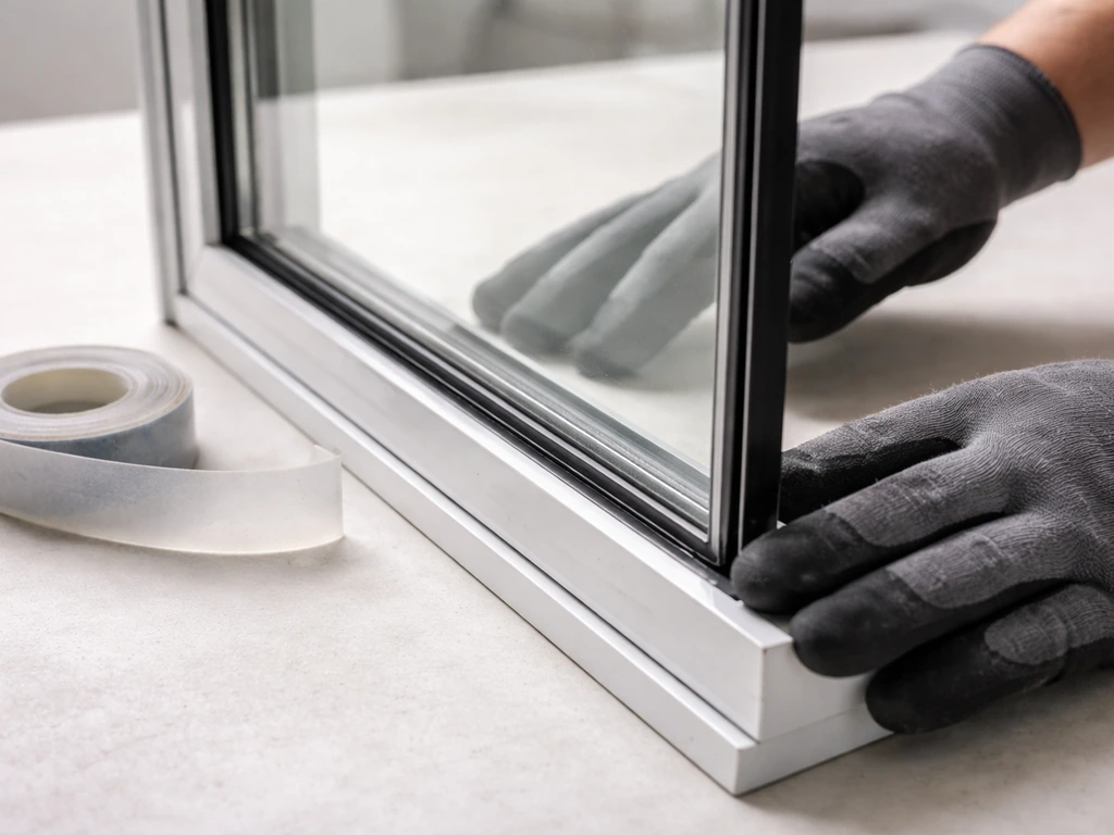 Gloved hands seating an insulated glass unit into a door frame, sealing edges with glazing tape