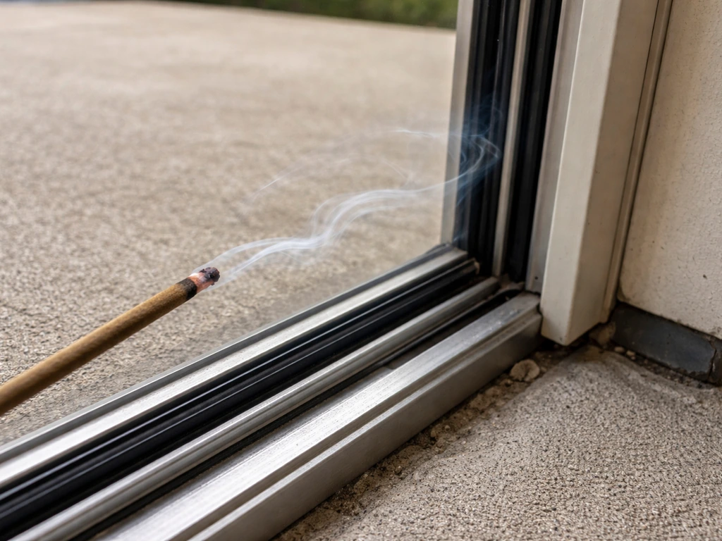 Lit incense stick near a sliding patio door track, smoke drifting along the frame to show potential air leaks.