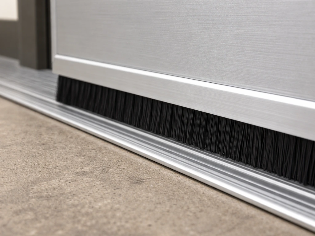 Close-up of a door bottom brush seal making contact with the threshold track to reduce drafts.