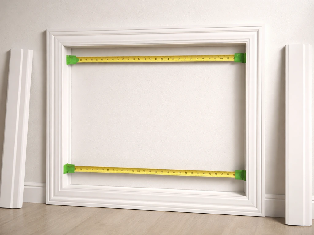 Close-up of interior window frame with tape measure showing inside recess vs trim edge references