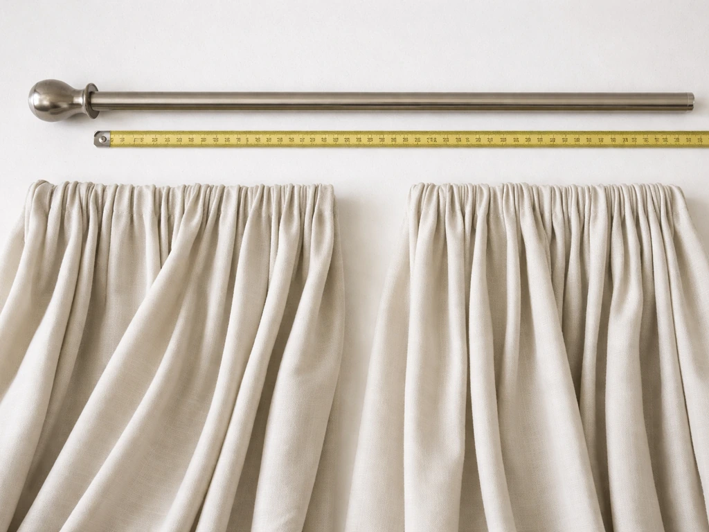 Close-up of curtain rod length and two fabric measuring tapes showing 2x fullness with fabric folded neatly