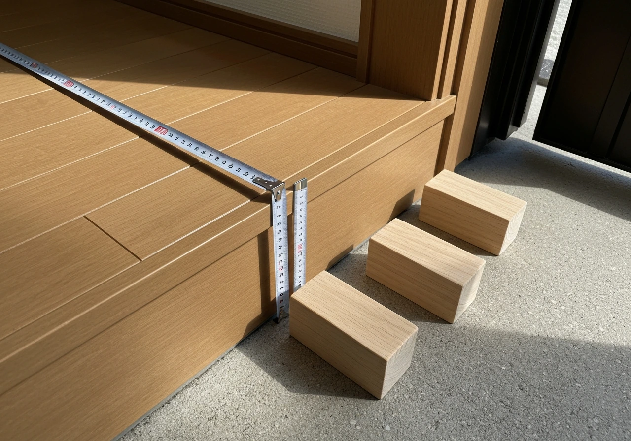 Minimal photo of a tape measure and ruler calculating staircase rise with two riser blocks on a floor-to-ground setup.