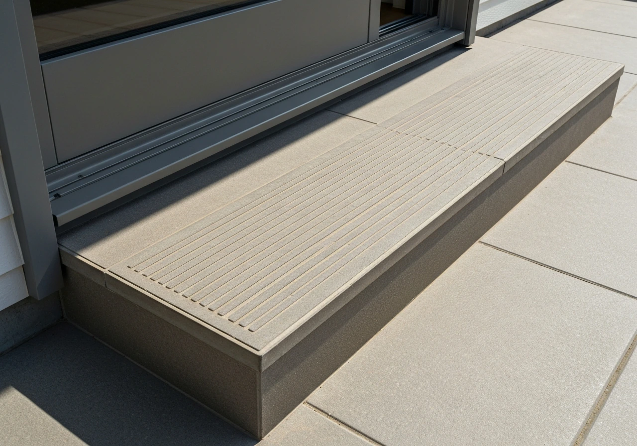 Close-up of a patio door step showing landing, risers, and textured non-slip tread alignment.