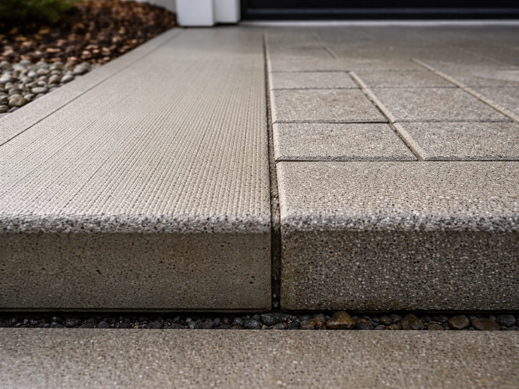 Close-up of weatherproof step materials showing textured concrete next to slip-resistant pavers and drainage detail.