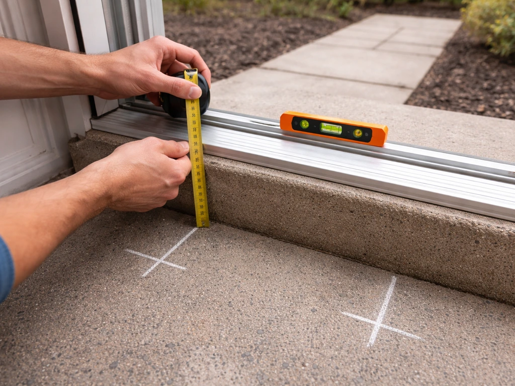 DIY measuring setup at patio door threshold with tape measure and level outdoors
