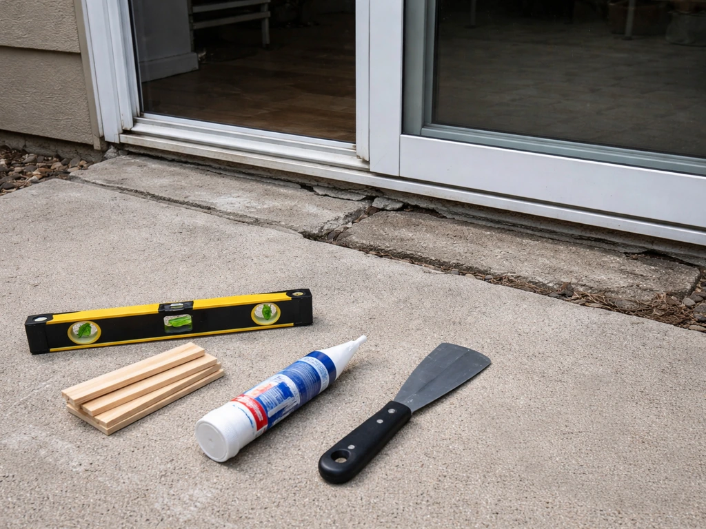 Uneven patio landing at a sliding glass door with level and shims laid out for DIY repair