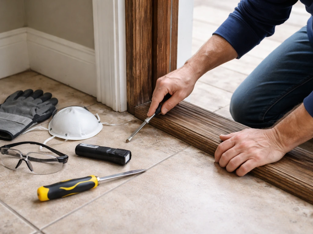 Hand presses a screwdriver into the door sill corner to check for rot; PPE and basic tools are laid nearby.