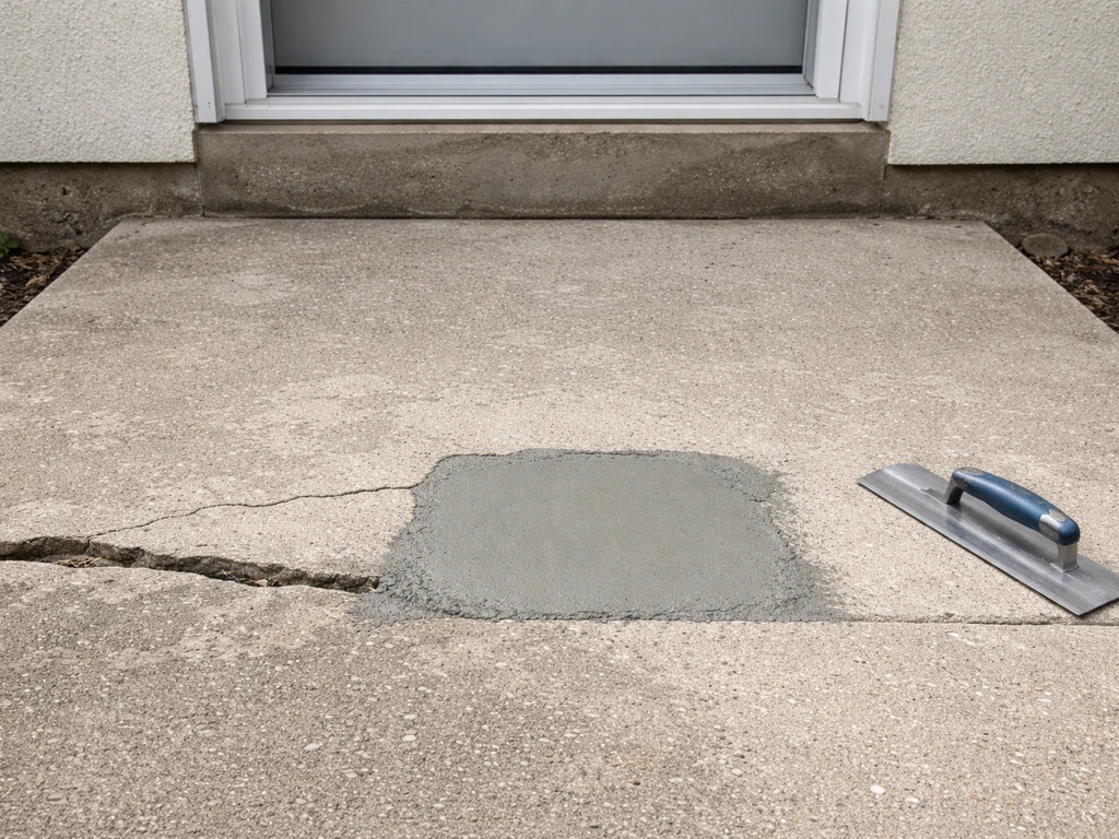 Patio concrete landing being patched and releveled near a door for proper drainage