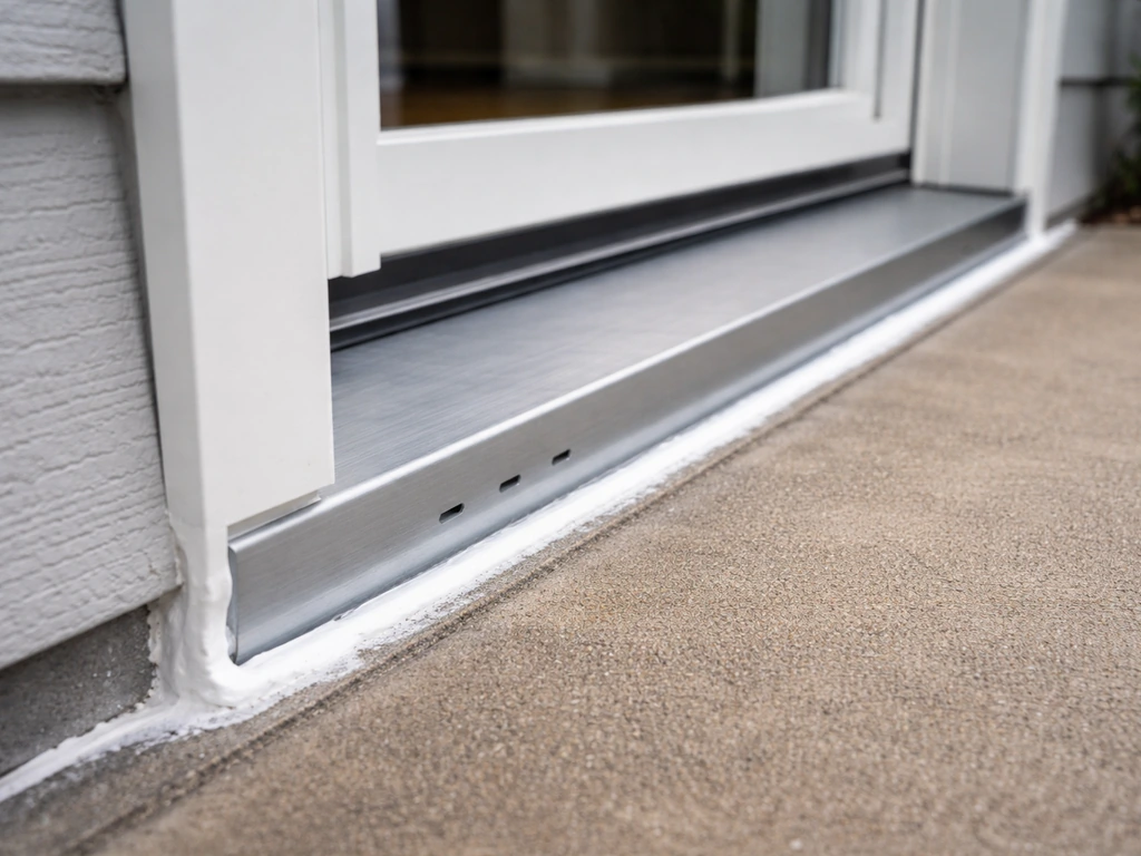 Close-up of an exterior door threshold sill pan with weep holes and proper sealant around the edges.
