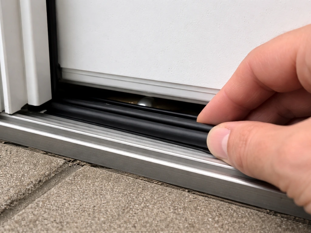 Close-up of patio door gap with a bug seal being pressed into place to stop drafts and insects.