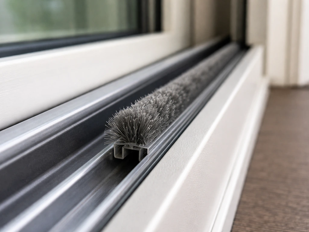 Close-up of a sliding patio door frame showing a pile brush bug seal in the T-slot channel.