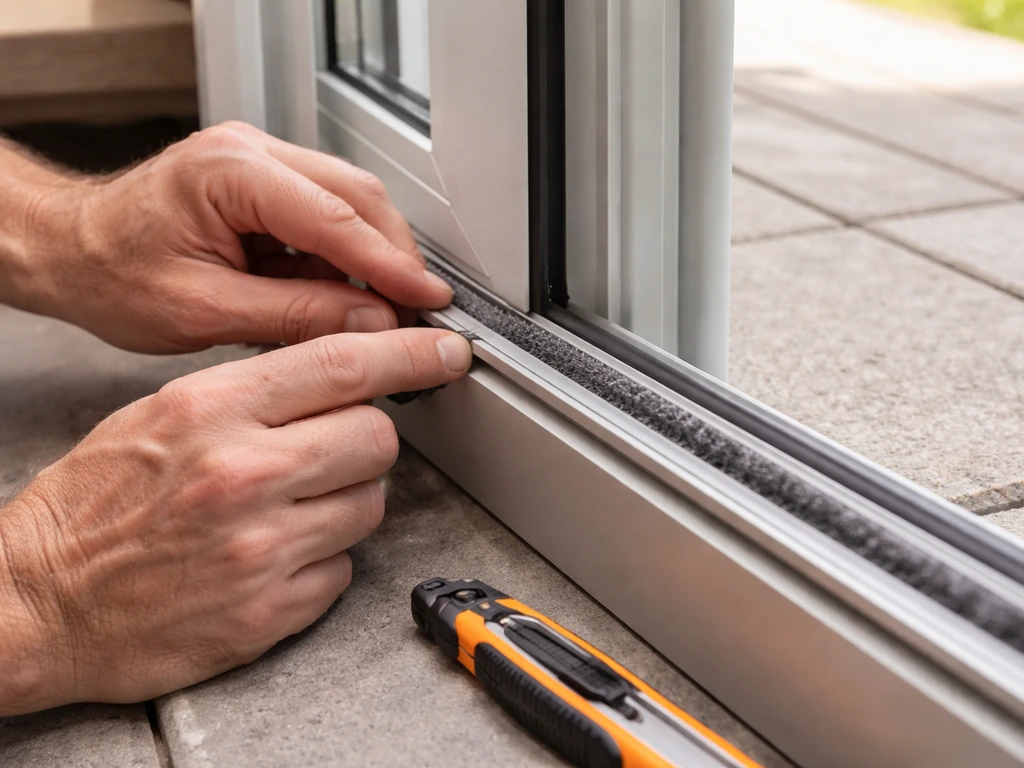 Hands align and press a pile brush seal into a patio door channel; tape measure and utility knife nearby.