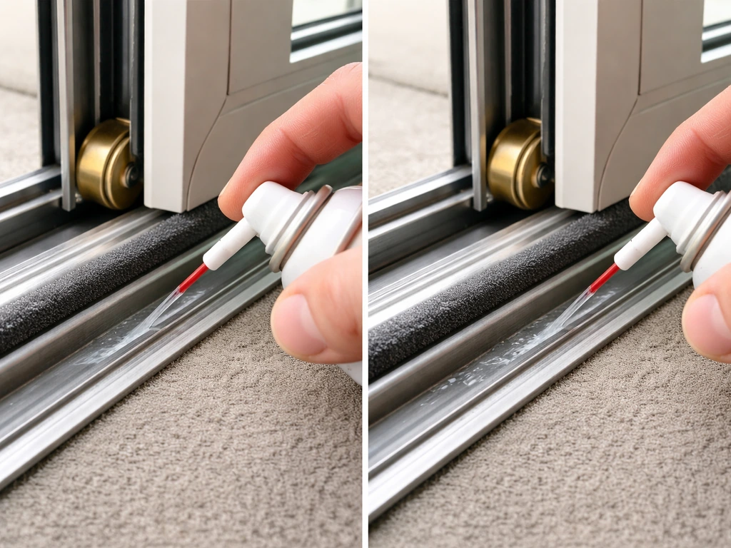 Close-up of lubricating sliding door track/rollers with silicone while keeping pile brush seal clean.