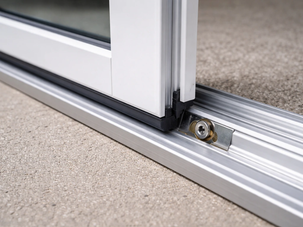Close-up of a sliding patio door bottom track with the roller adjustment screw area and seal contact improved.