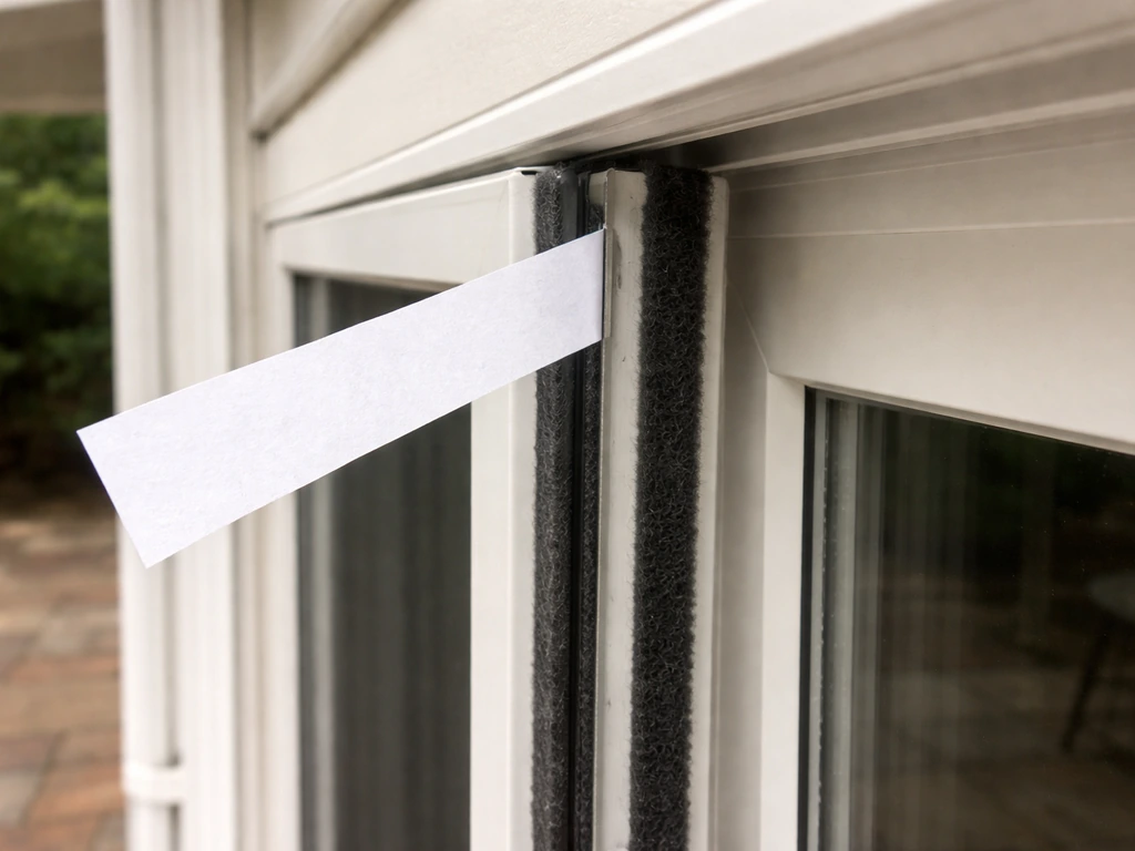 Close-up of a closed patio door edge with a strip of paper testing seal compression