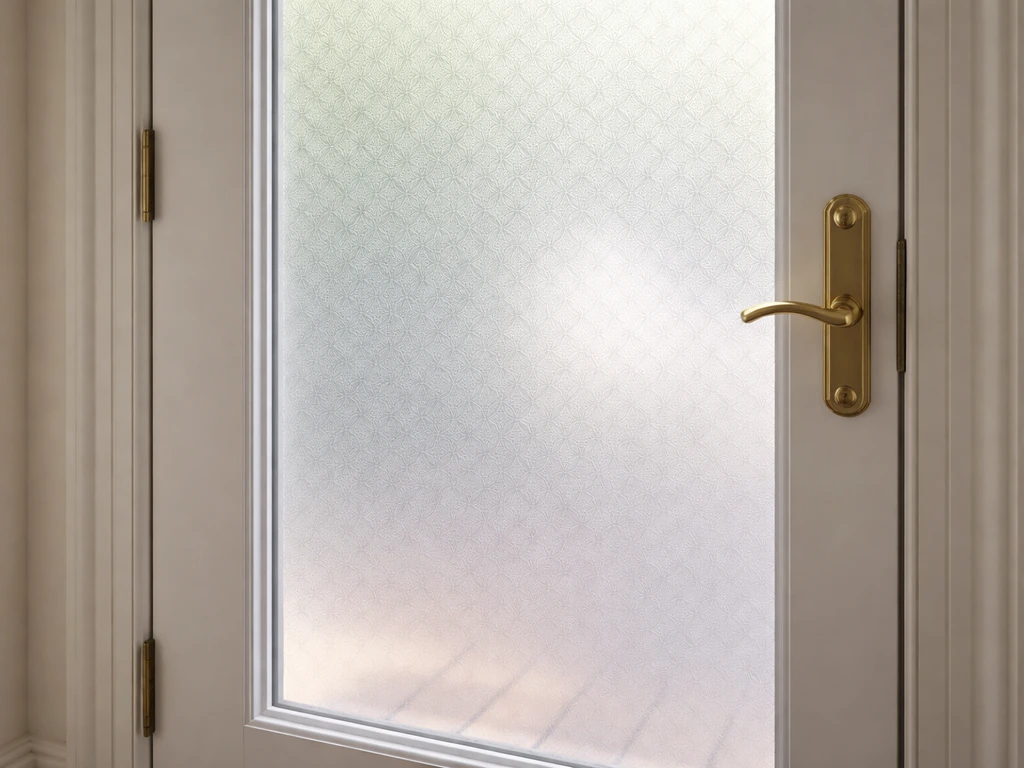 French patio door glass with frosted adhesive privacy film pattern clearly visible.
