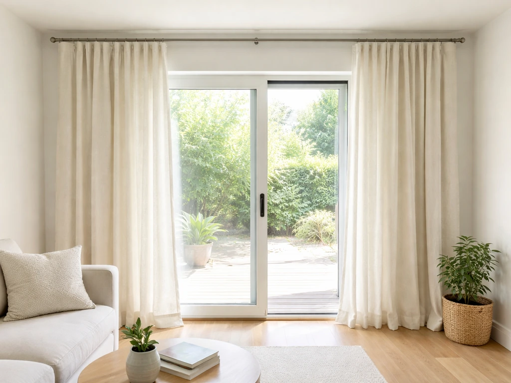 Sliding glass door with wide-mounted rod; neutral curtain panels stack off the glass when opened.
