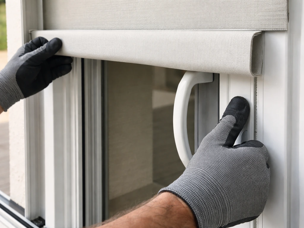 Close-up of hands aligning a patio door cover on a sliding track with clean sealed edges