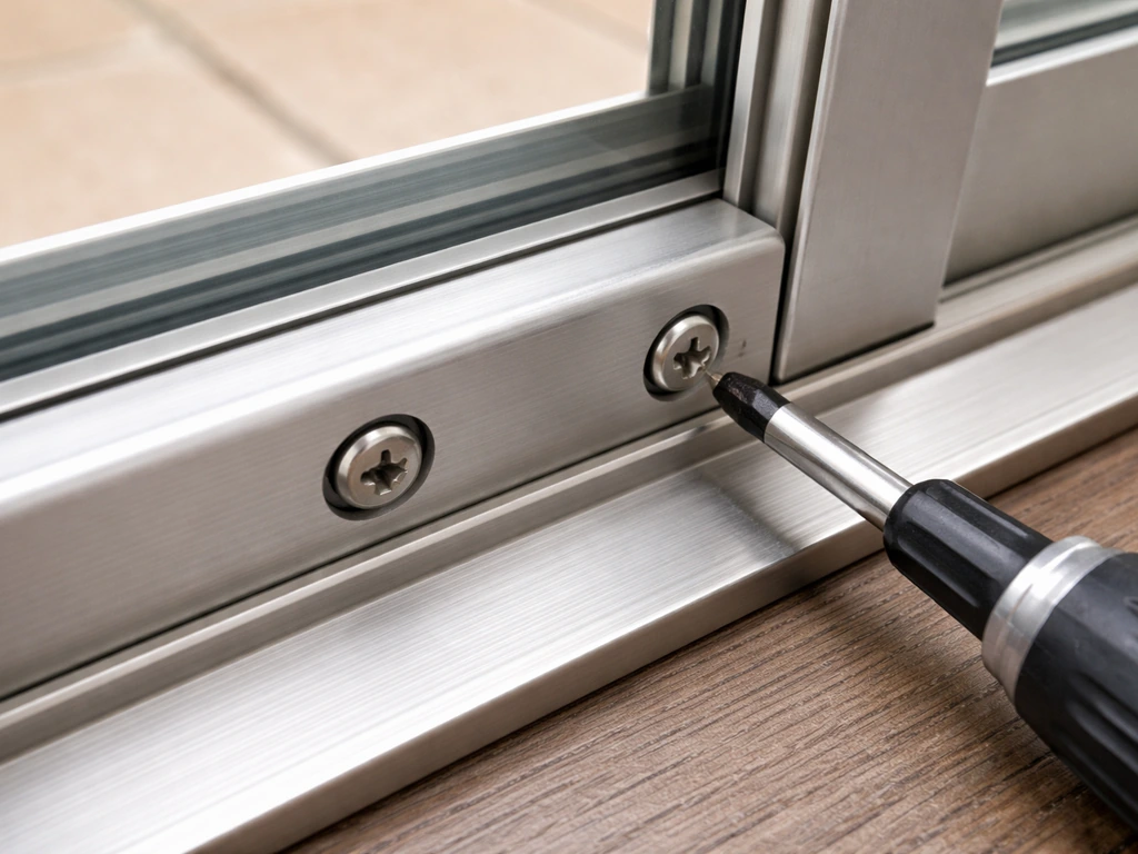 Close-up of a sliding patio door bottom rail with visible adjustment screws near the track.