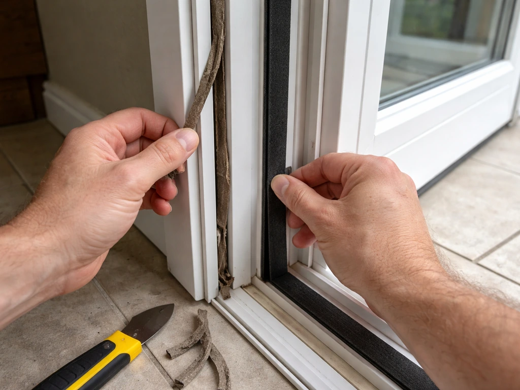 Hands remove worn weatherstripping and press new self-adhesive foam into a patio door frame gap.