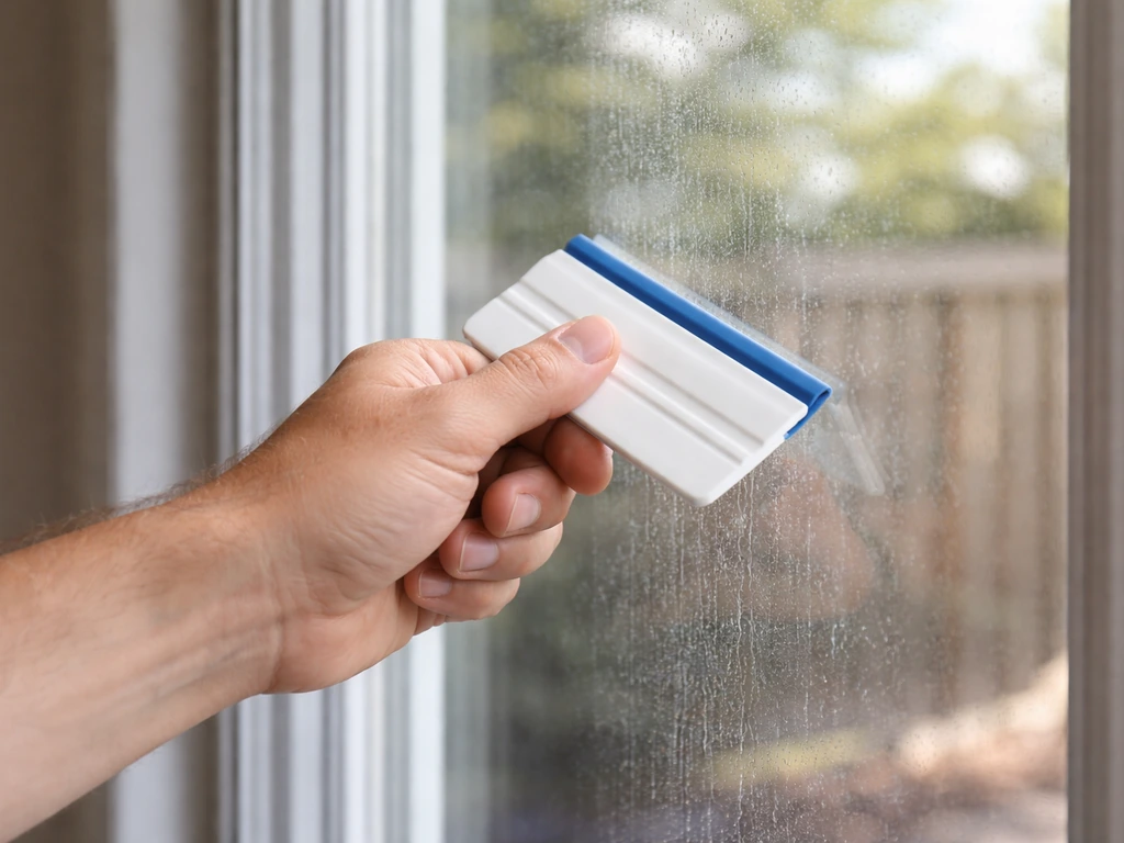 Hand smoothing security film onto a patio door glass panel indoors, minimal close-up.