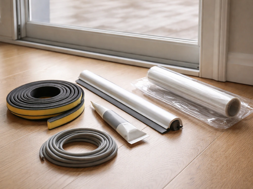 Winter patio door insulation items laid out: weatherstripping, door sweep, caulk, backer rod, and window film.