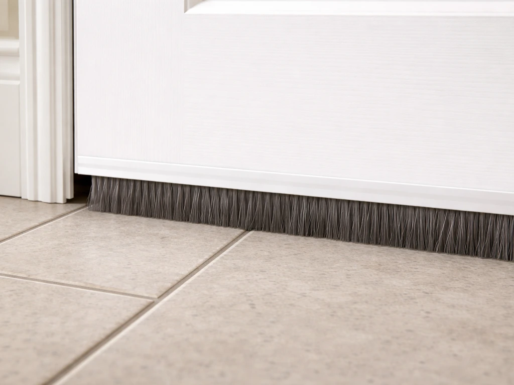 Close-up of a brush/pile door sweep pressed against a threshold, blocking airflow under the door.