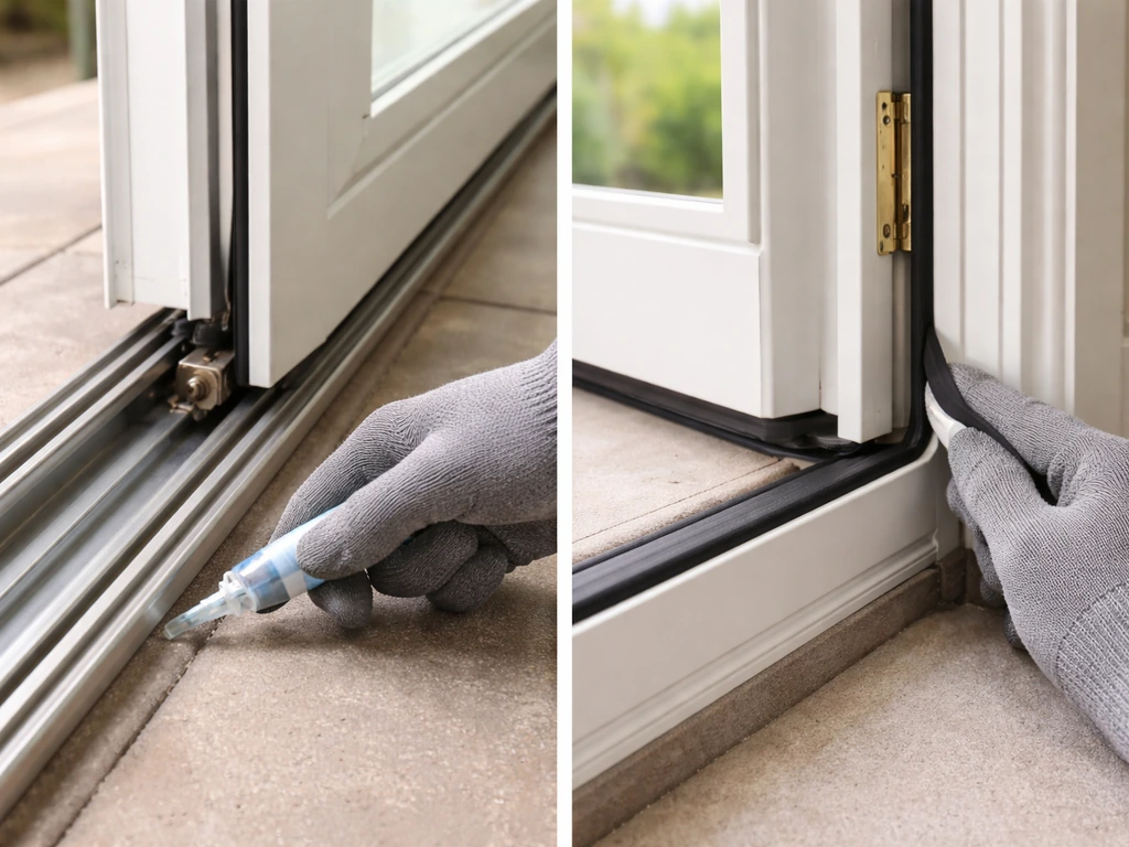 Split close-ups of a sliding patio door track and a hinged door weatherstrip being sealed by a gloved hand.