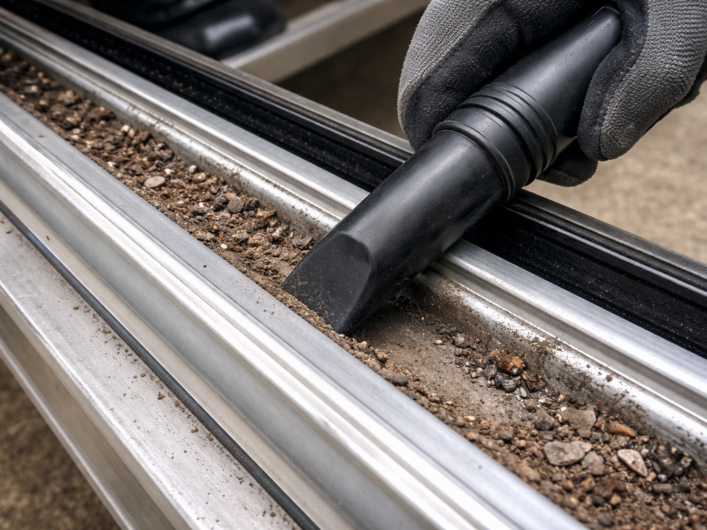 Close-up of a track bottom channel with grit buildup being vacuumed and brushed clean.