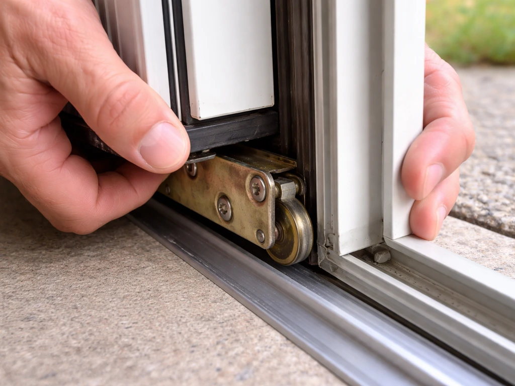 Hands reinstall worn patio door rollers into the bottom track, showing roller housing and track contact.