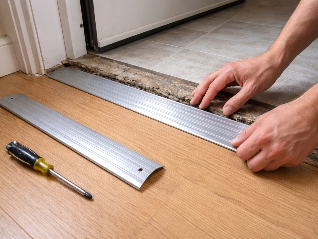 Hands removing a cracked door threshold cap and aligning a new one for screws