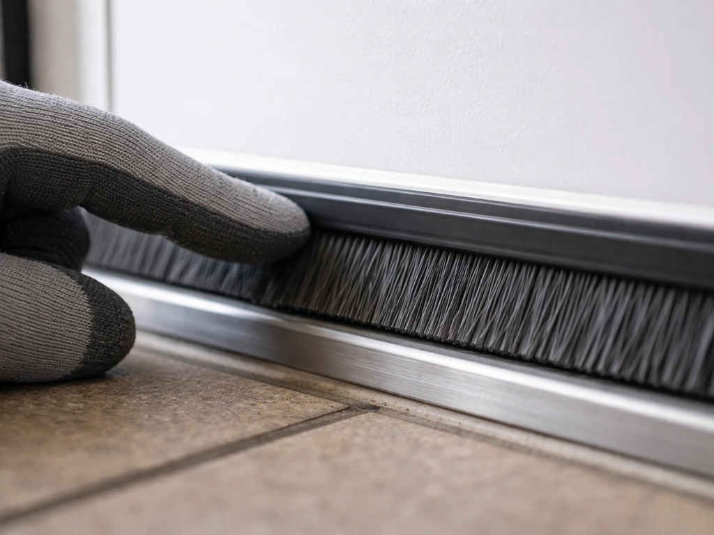 Close-up of a door sweep/brush seal at the bottom edge being checked for proper contact with the threshold.