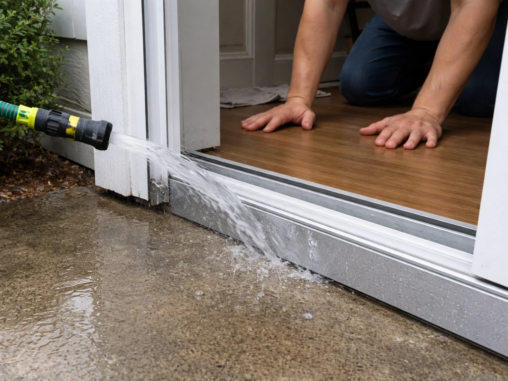 Garden hose water test around a sliding patio door frame as a helper checks inside for drips.