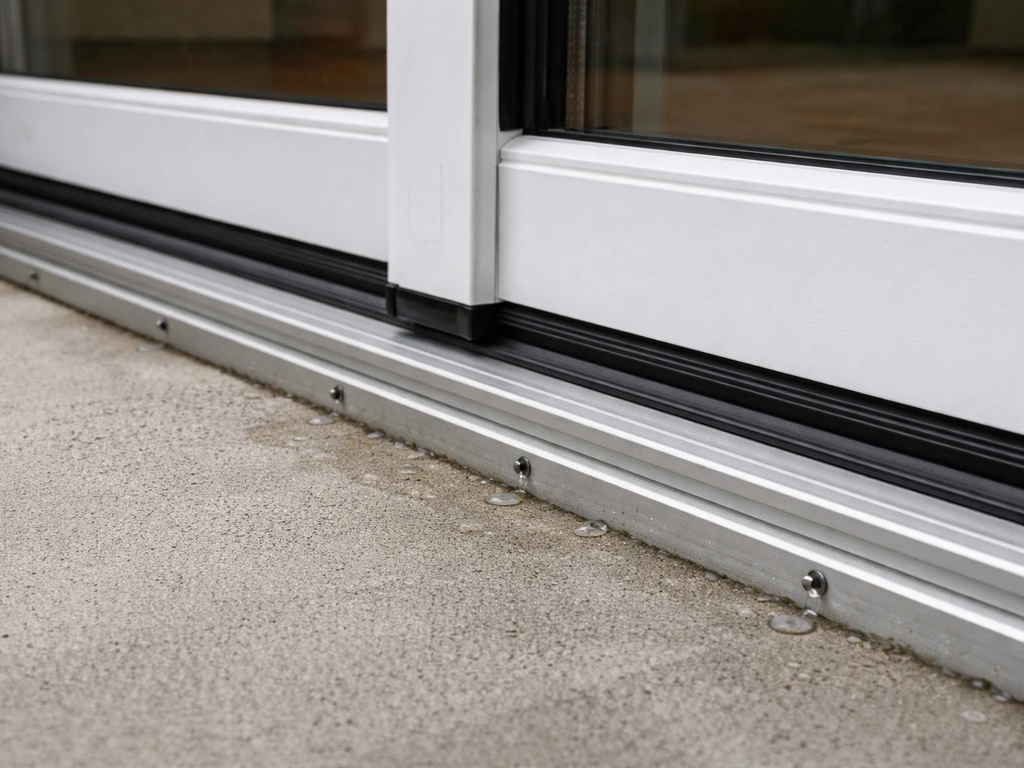 Close-up of a patio door sill track and weep holes with debris removed; door closed and latched.