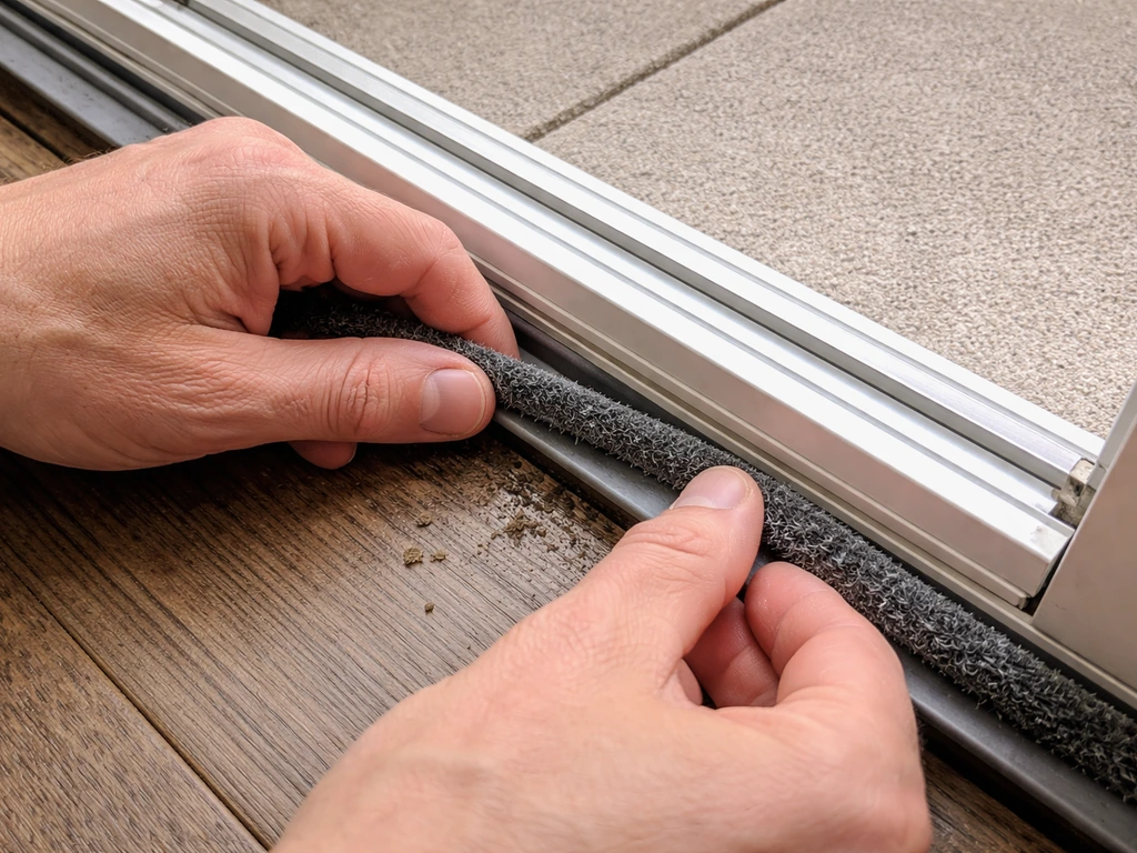 Close-up of hands pressing new fuzzy patio door weatherstripping into a frame groove after removing the old strip.