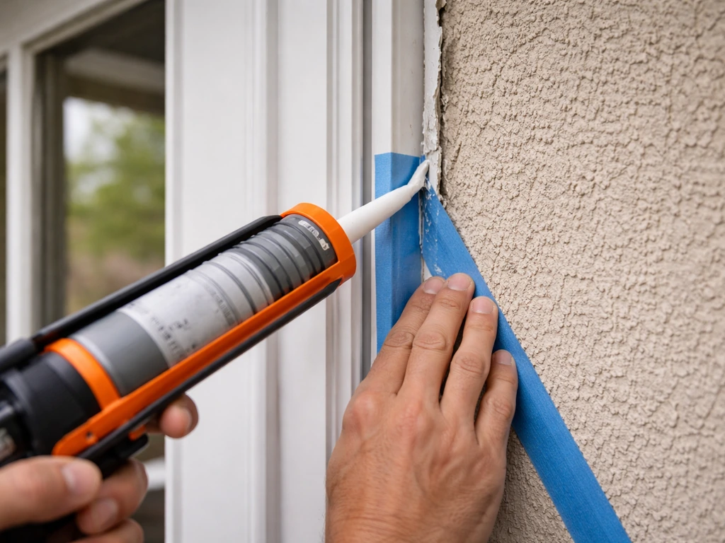 Hands applying a fresh bead of exterior sealant along the patio door frame-to-wall joint.