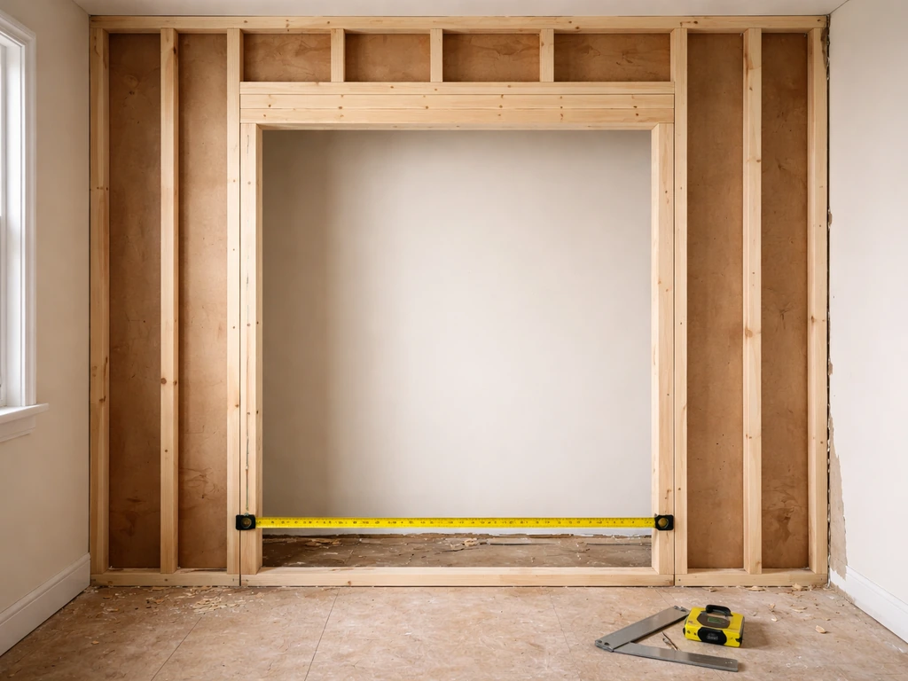 Tape measure and carpenter tools laid on wall studs around a framed door opening with clearance marks.