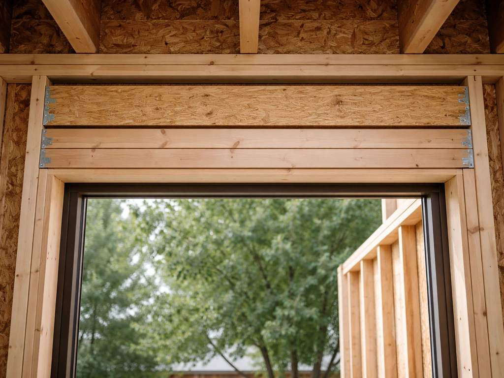 Header assembly with stacked beams installed above a patio door opening in an exterior wall