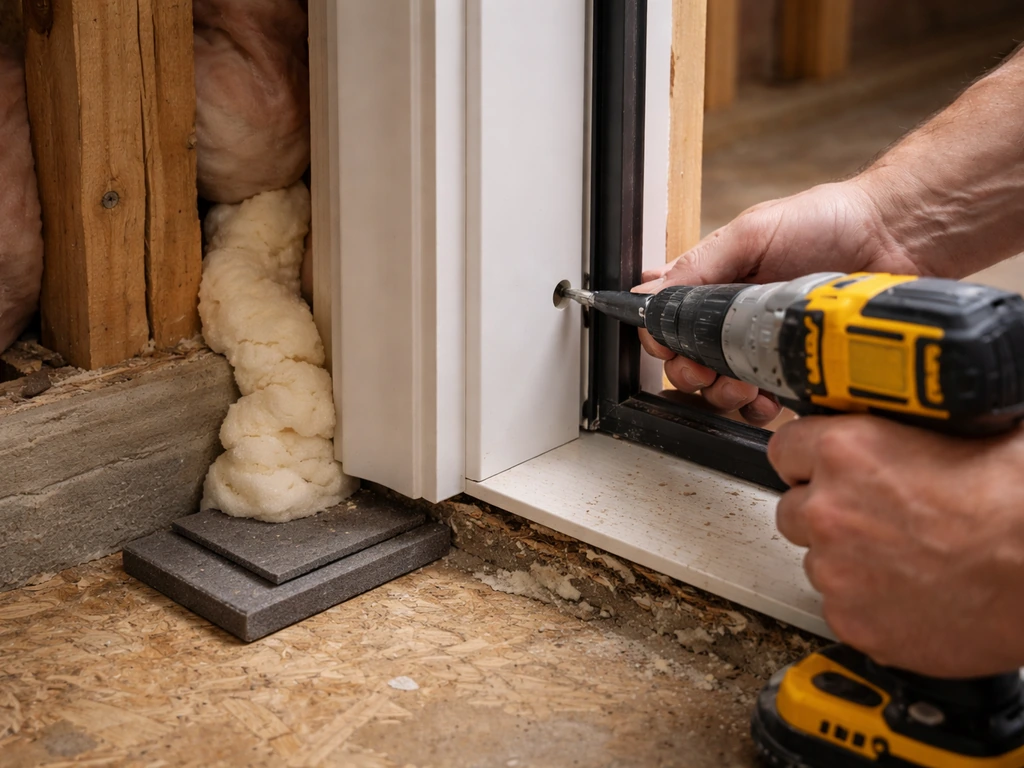 Close-up hands shimming under a door jamb, foam insulation in the gap, and a fastener being driven.