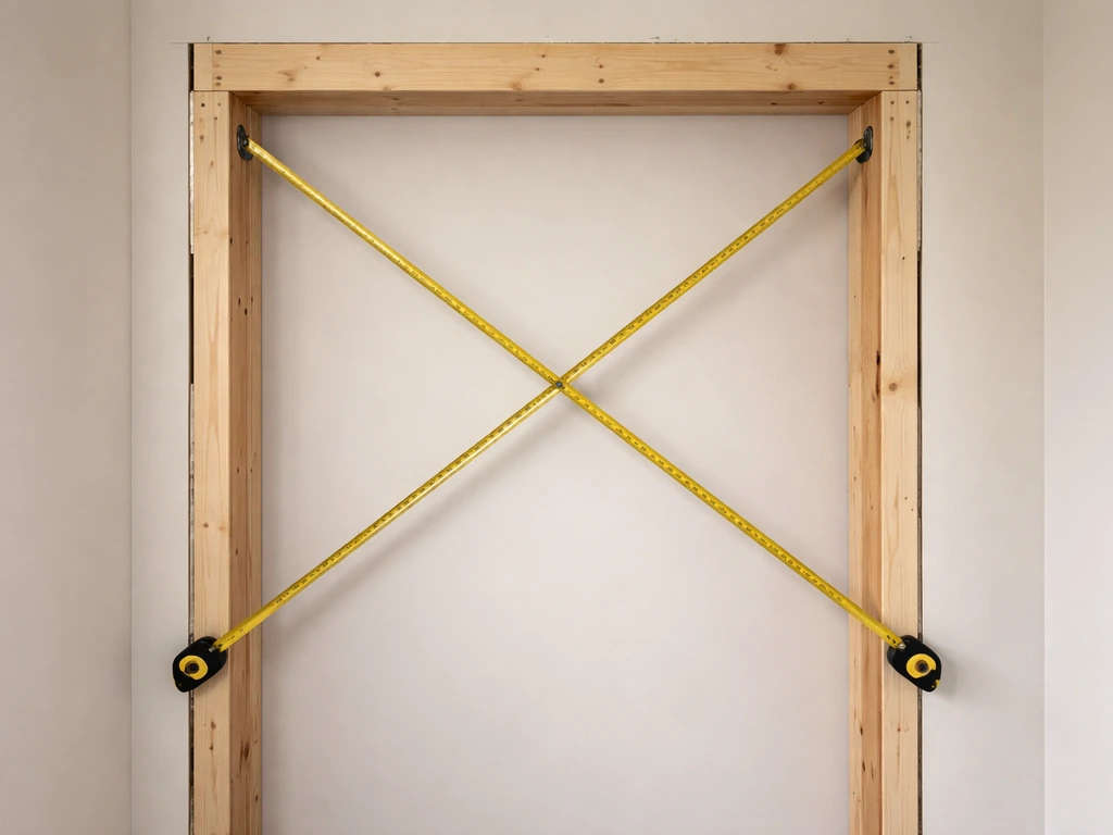 Tape measure laid across a door frame diagonally to check if the opening is out of square