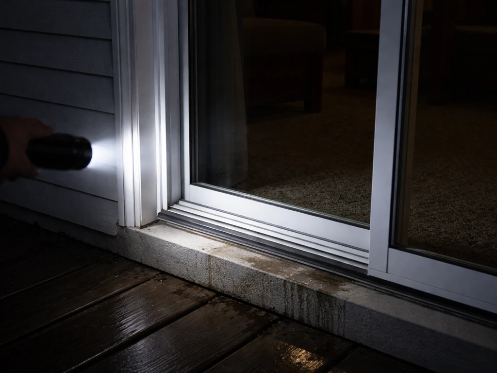 Nighttime view of a flashlight sweeping along a sliding patio door frame, highlighting possible air/water leaks