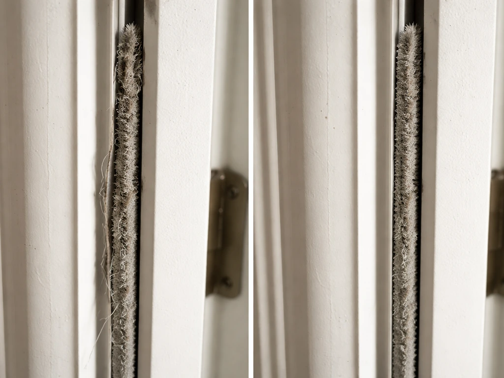 Close-up side-by-side of cracked worn weatherstripping vs neatly seated new pile weatherstrip on a door frame.