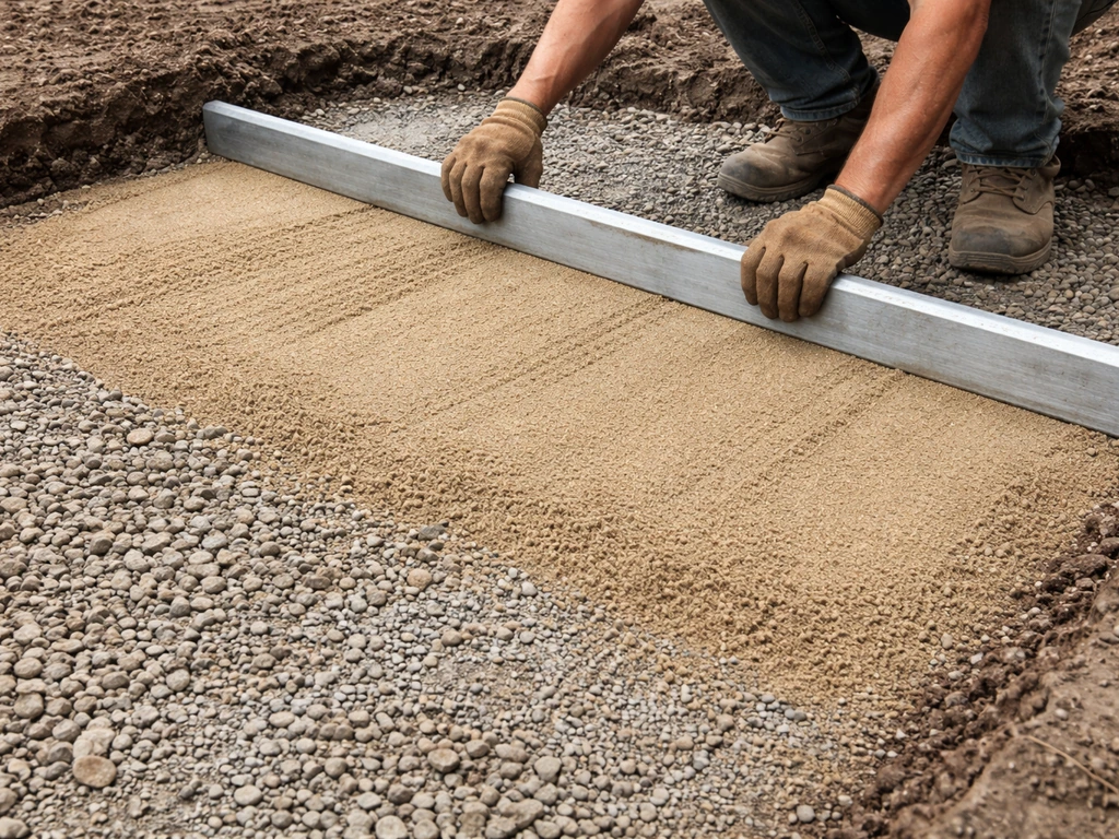 Hands level compacted crushed gravel and smooth bedding sand on a prepared foundation base.