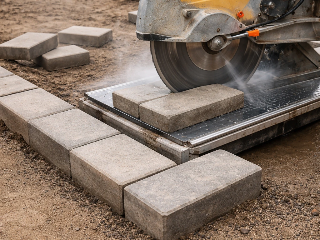 Diamond wet saw cutting a concrete paver while a corner-fitting piece sits beside it.