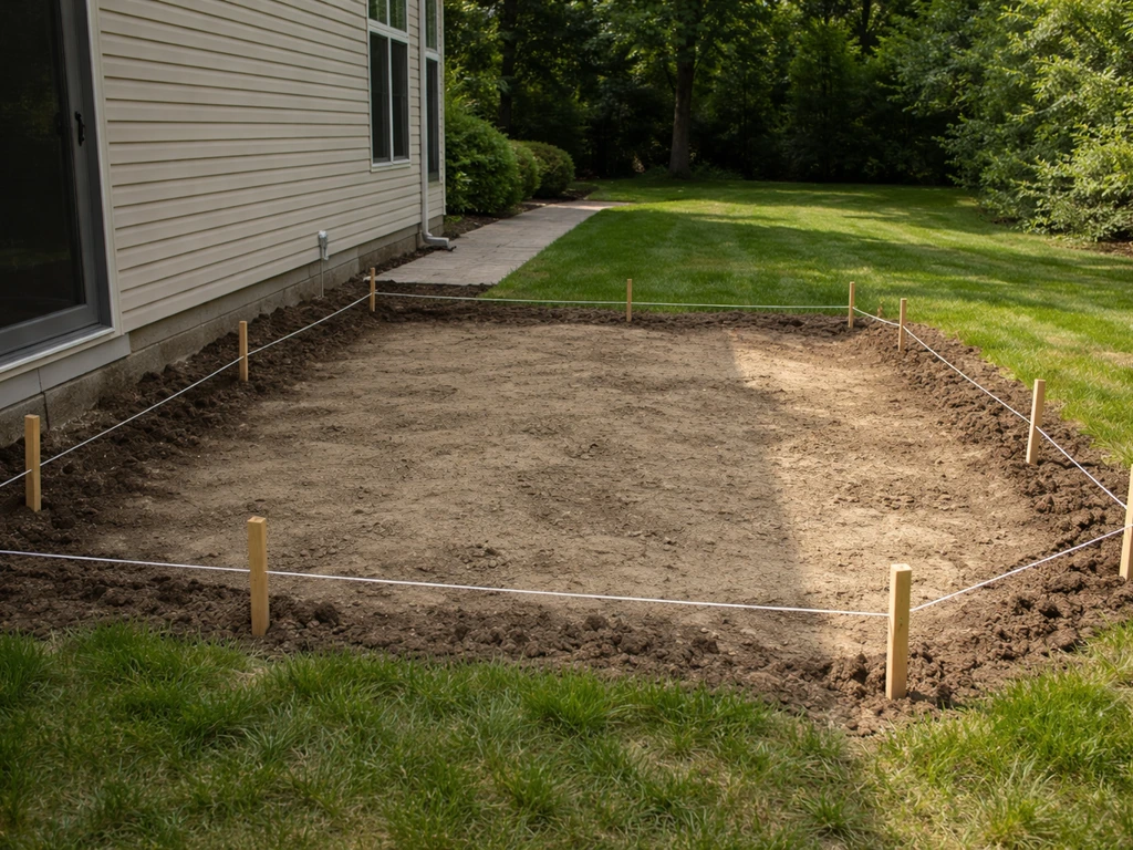 Backyard patio layout marked with stakes and taut string, viewed from the house toward the yard.